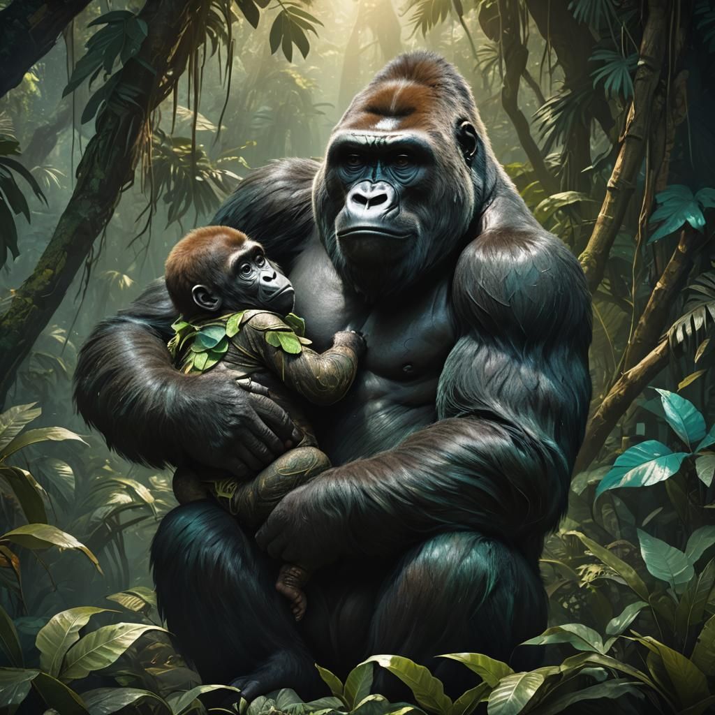 Gorilla Mother with Human Baby: Fantasy Concept Art