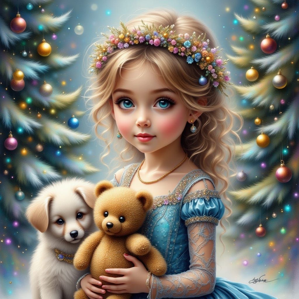 Victorian Girl with Puppy in Shimmering Christmas Scene