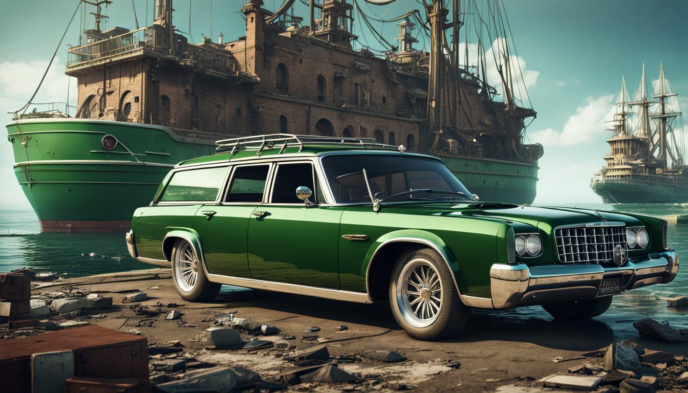 Apocalyptic Steampunk Harbor with Luxury Chrysler Combi