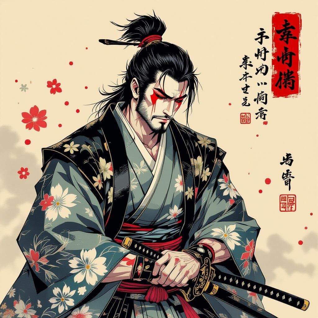 Samurai in Inksplash Style with Lonely Flower