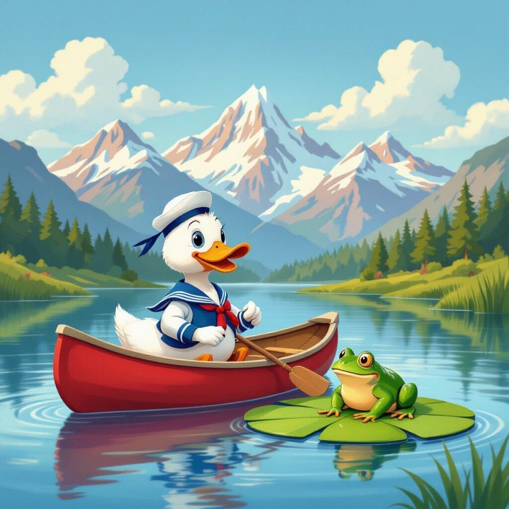 Whimsical Duck in Sailor Suit in Canoe with Frog and Mountai...