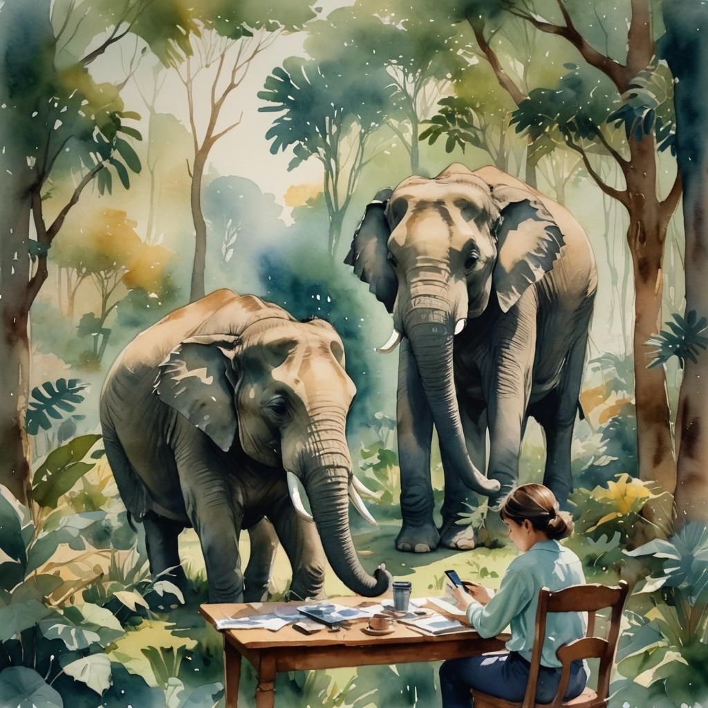 Watercolor of Elephant Family in Painterly Style