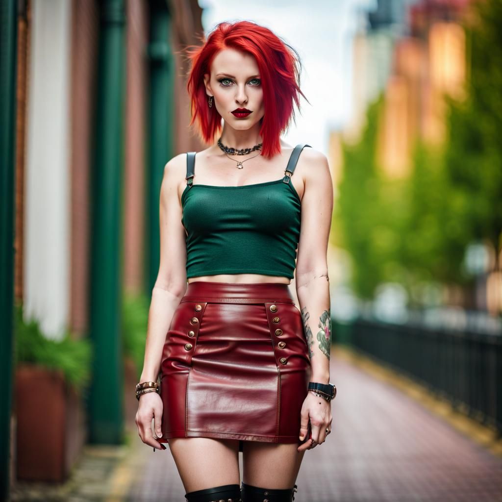Punk Girl with Red Hair in Leather Skirt
