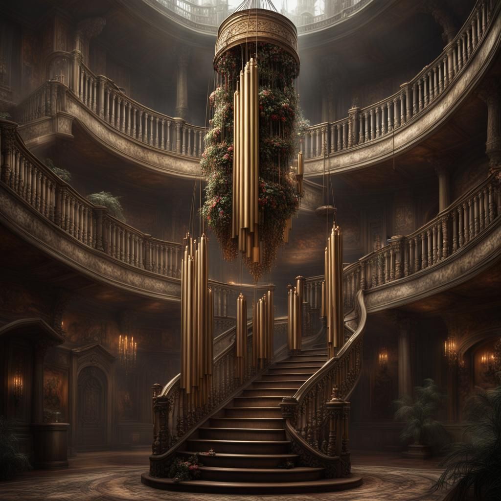 Giant wind chime in a staircase.