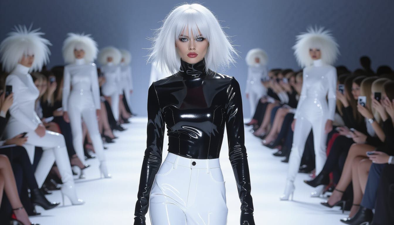 Model in Latex Bodysuit on Runway: Futuristic Fashion