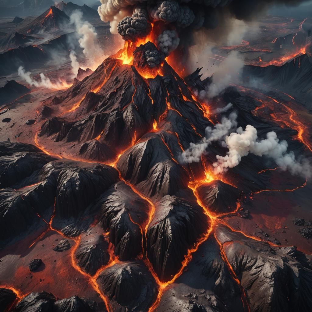 Erupting Volcano Drone Flyover in Detailed Matte Painting
