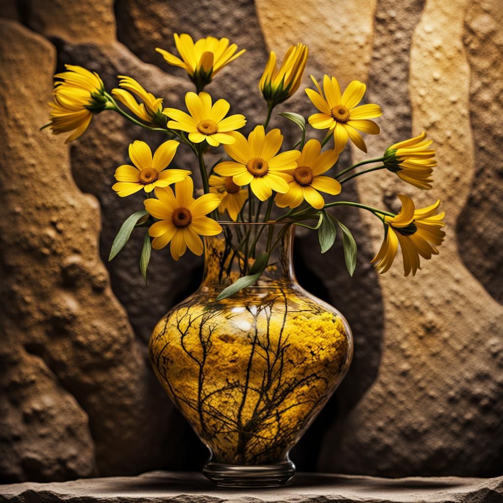 Cave Painting Still Life: Vase with Yellow Flowers