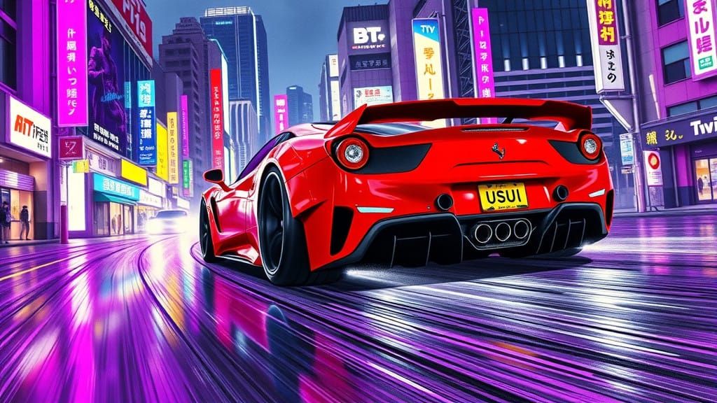 Cyberpunk Ferrari 458 Italia Speeds Through Tokyo Streets