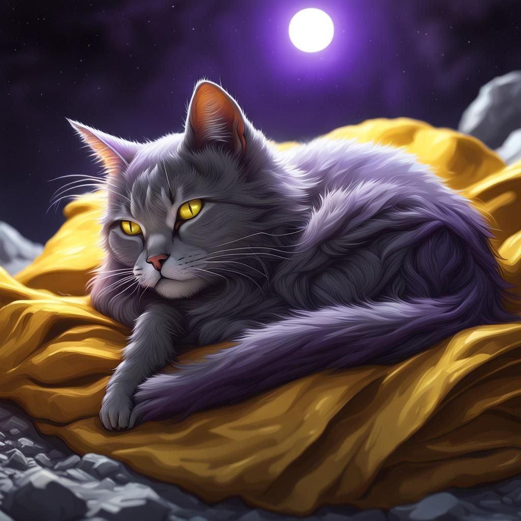 Grey Cat's Lunar Nap: Dark Fantasy Concept Art