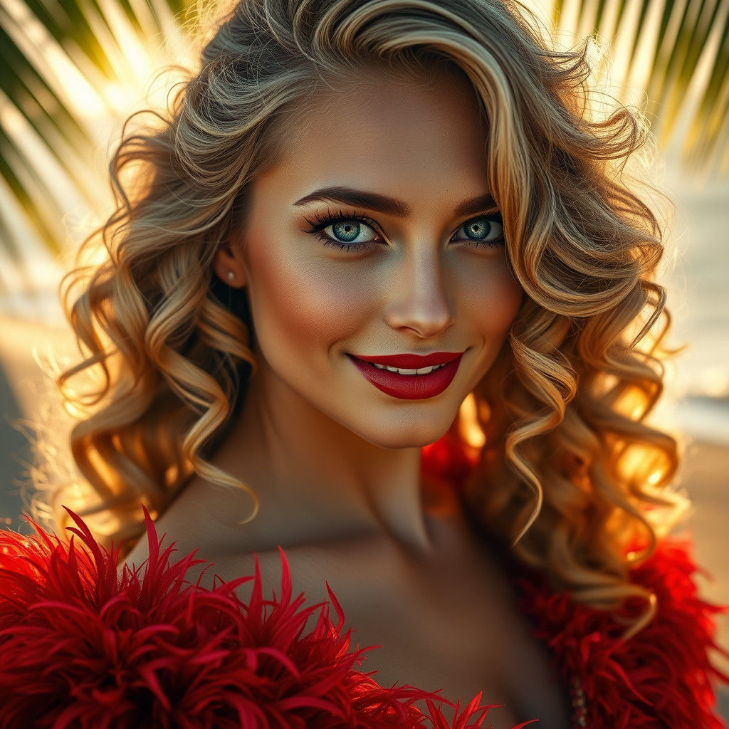 Glamorous Woman in Red Dress, Bali Backdrop