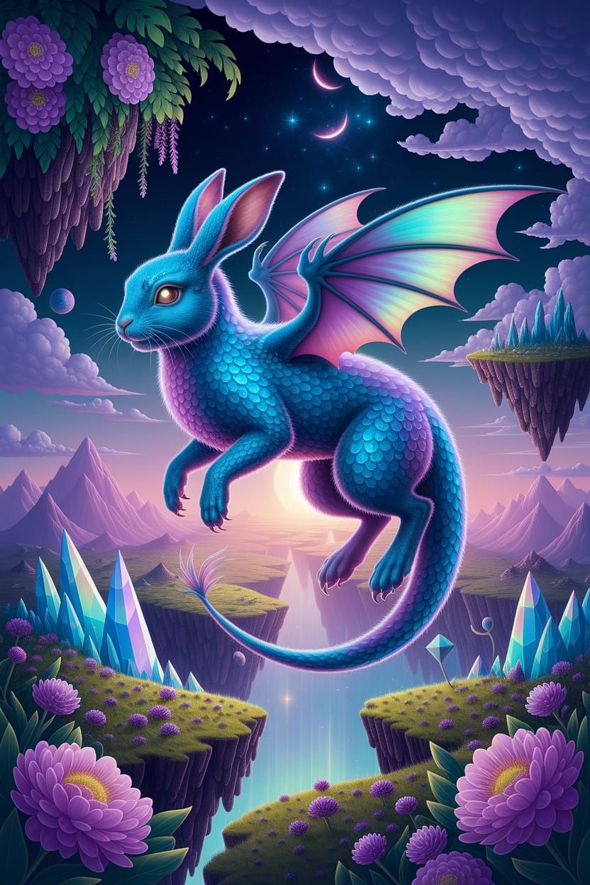 Dragon Rabbit Hybrid Soars in Surreal Landscape