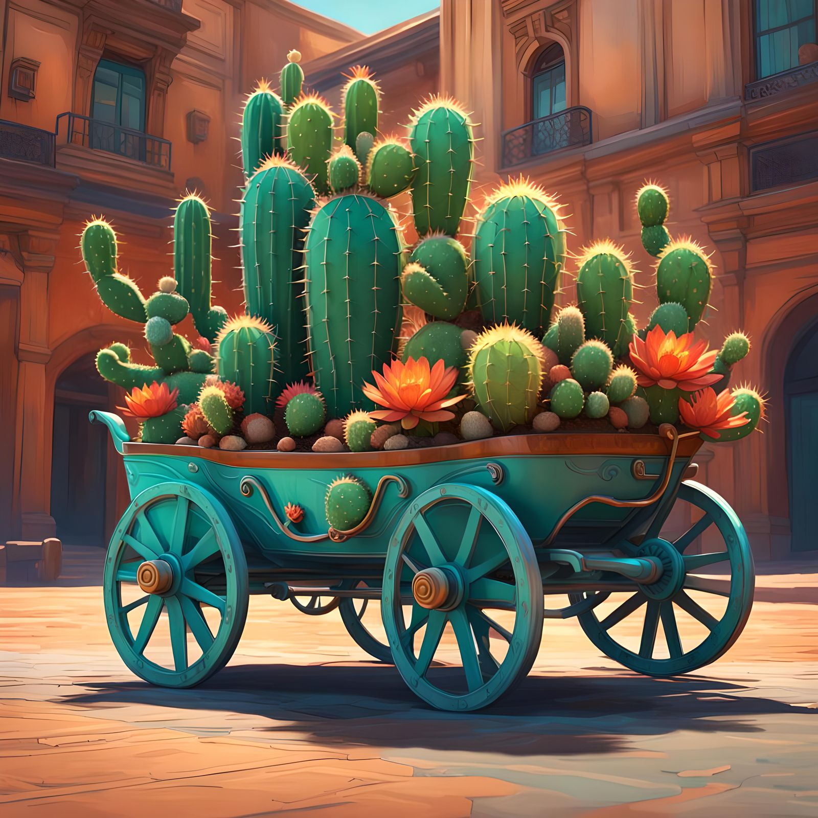 Cactus Character in Carriage: Digital Concept Art