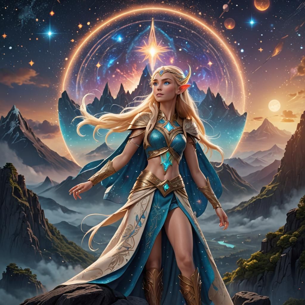 Cosmic Elven Princess: Polynesian-Inspired Digital Art