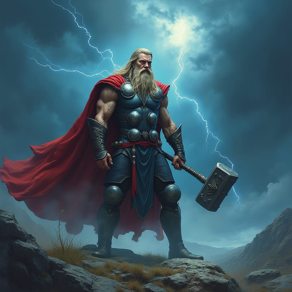 Thor in Epic Stormy Landscape with Mjolnir