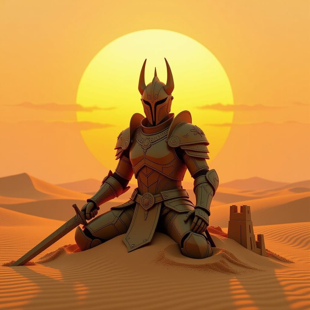 Sandcastle Warrior at Golden Sunset, Digital Painting Style