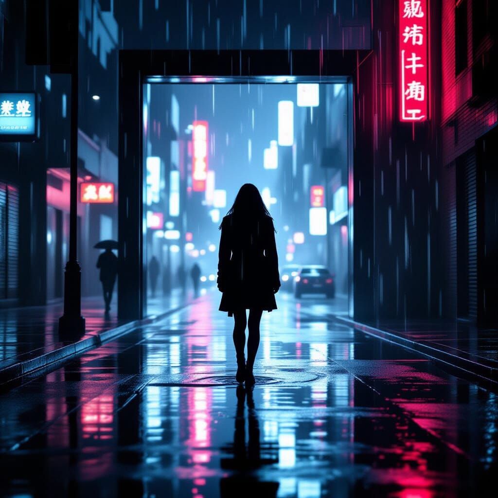 Neon Reflections in Noir Cityscape