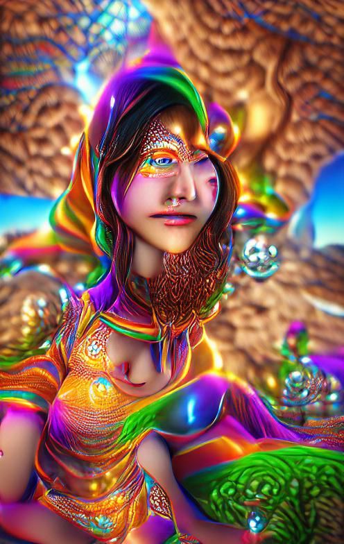 Rainbow Maiden in Psychedelic Realm, Surreal 3D Art