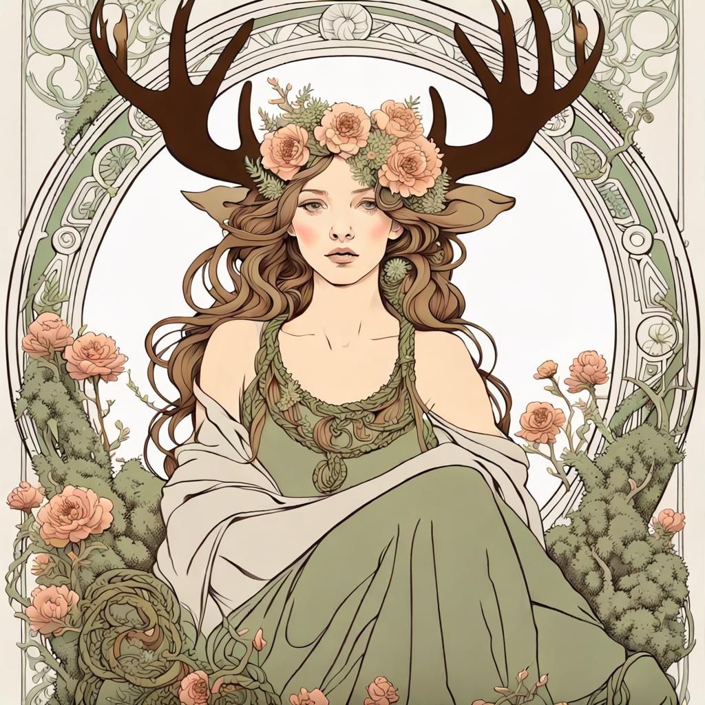 Girl with Antlers on Bear, Alphonse Mucha Style