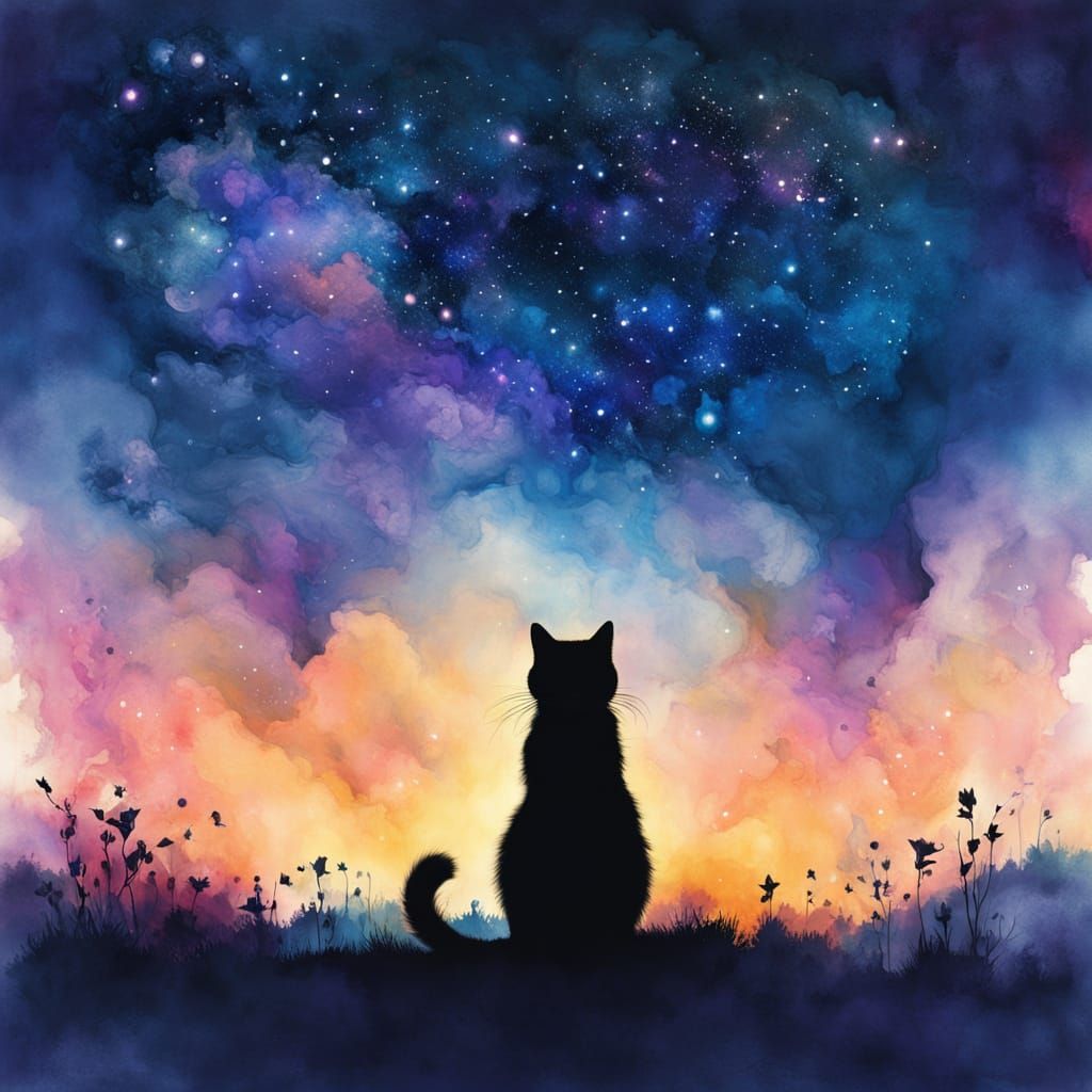 Ancient Cat Silhouette Against Starry Sky in Alcohol Ink Sty...