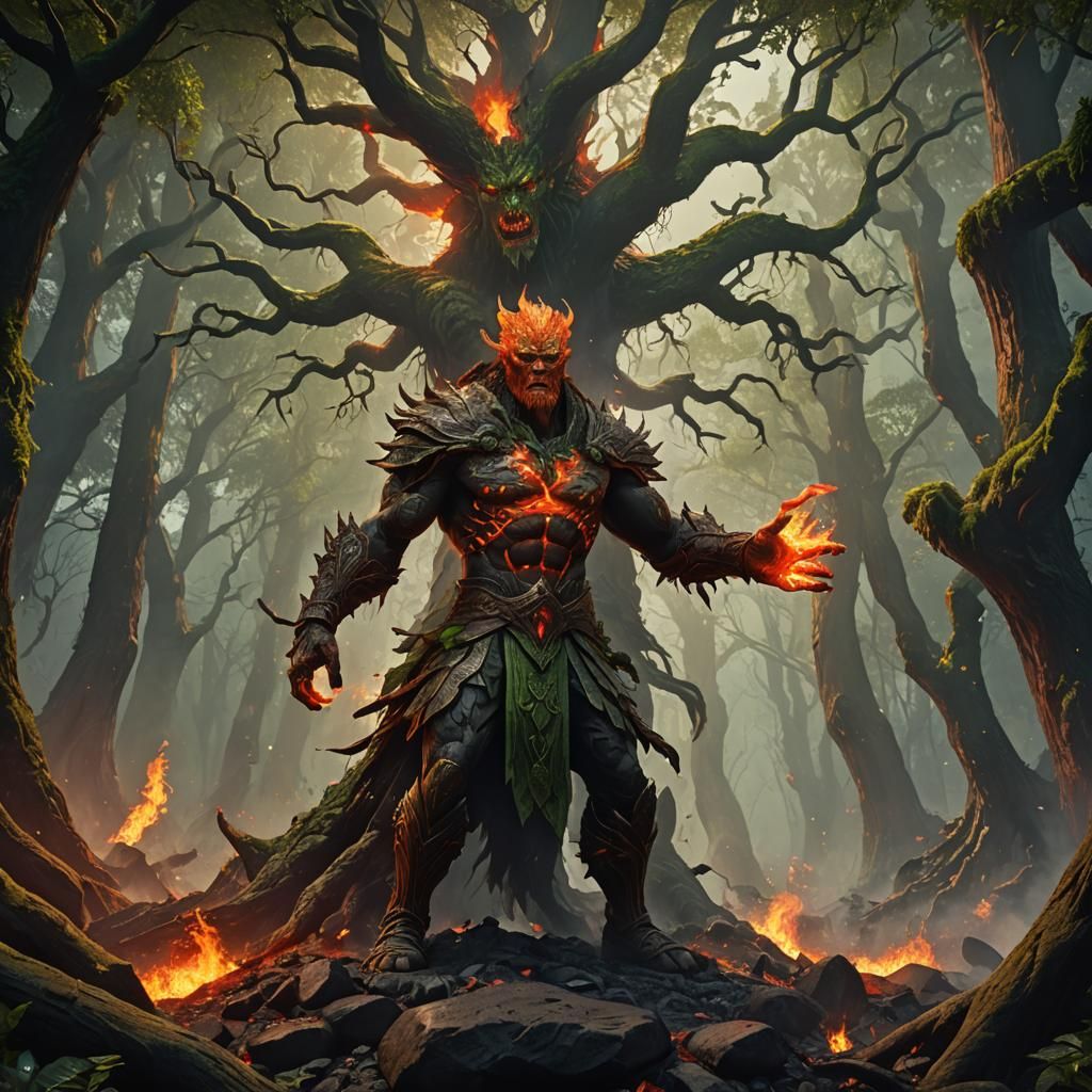 Fantasy Art: Fire God Overcome by Forest Youth