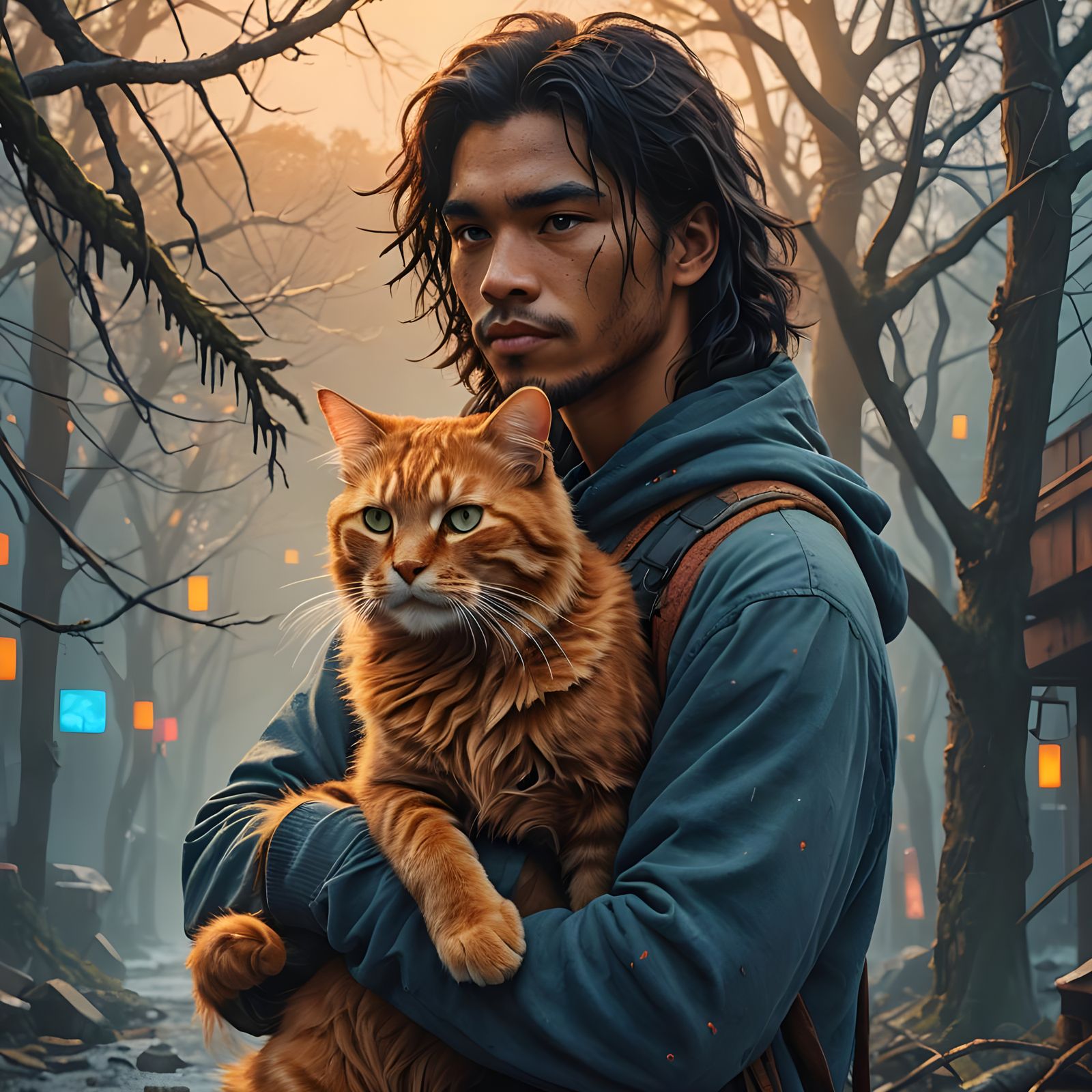 Young Man with Cat: Detailed Matte Painting