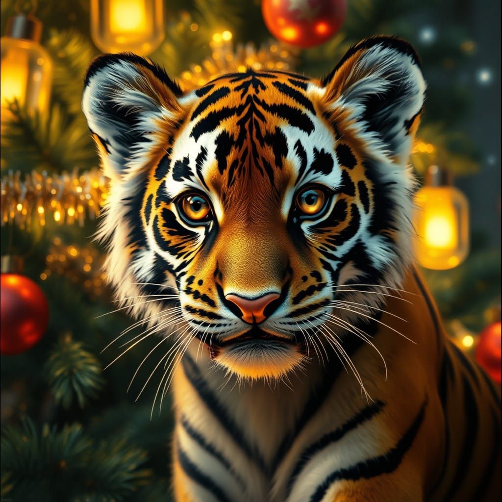 Majestic Tiger Cub in Whimsical Winter Wonderland