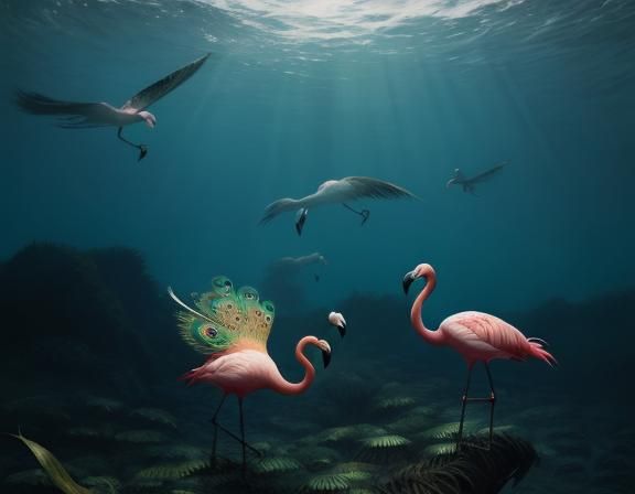 Peacock Flamingo Hybrids Fly Through Kelp Forest