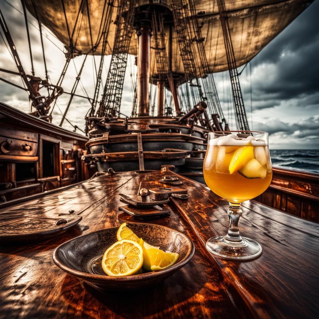 Whiskey Sour on Ancient Sailship: Hyperrealistic Image