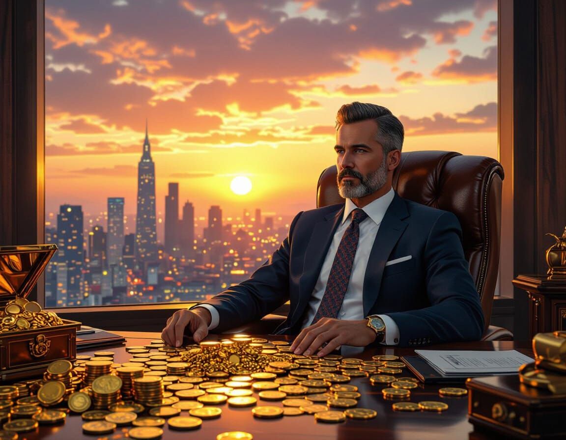 Businessman in Luxury Office with Gold Coins at Sunset