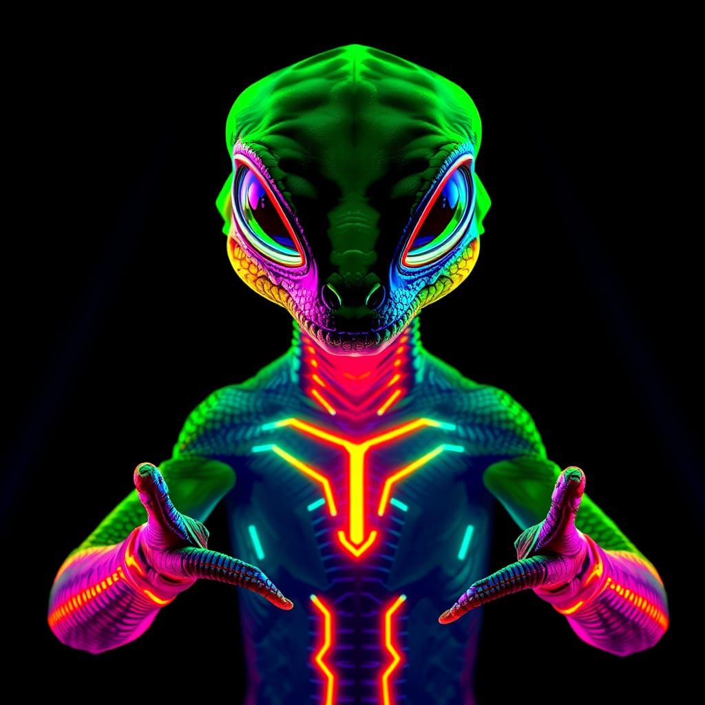 Lizard Alien with Neon Stripes in Synthwave Style