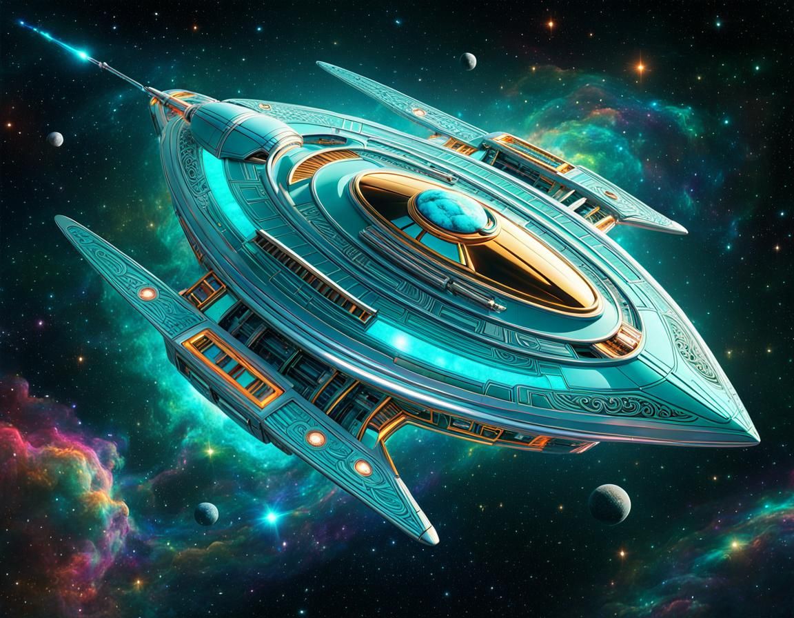 Retro Spaceship Flying Through Colorful Nebula