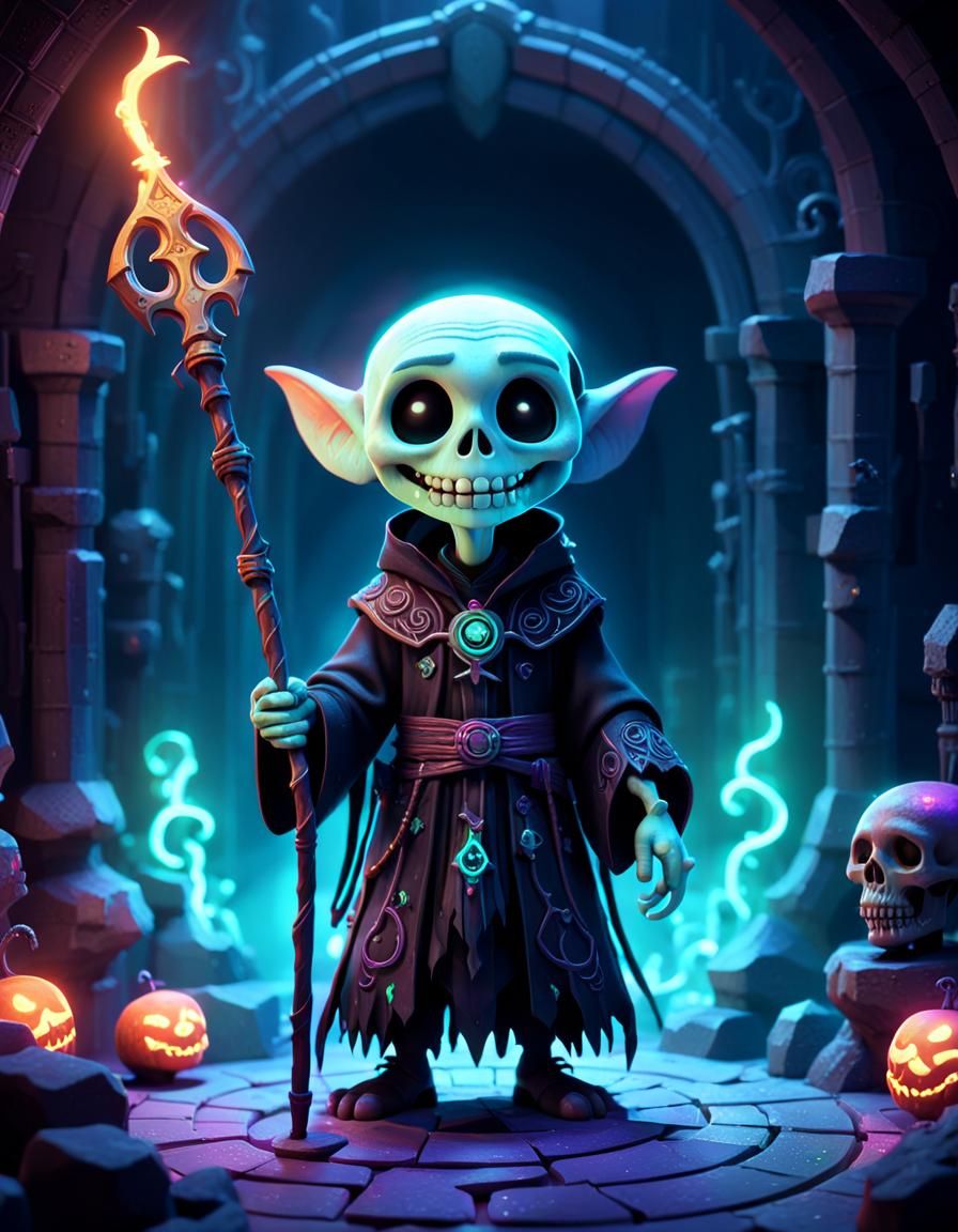 Cute Smiling Necromancer in Mystical Chamber, 3D Art