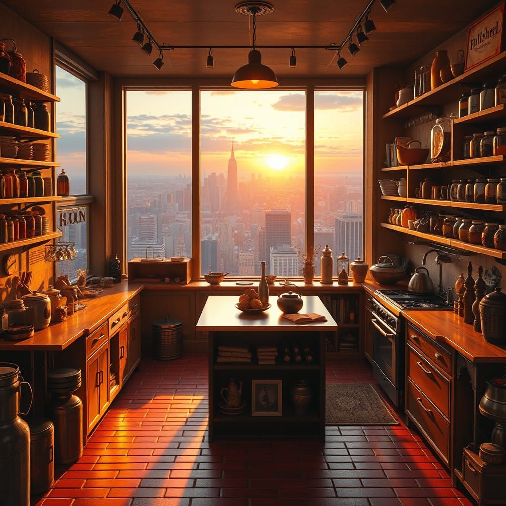 Cozy Urban Kitchen in a City Skyscraper with Panoramic View