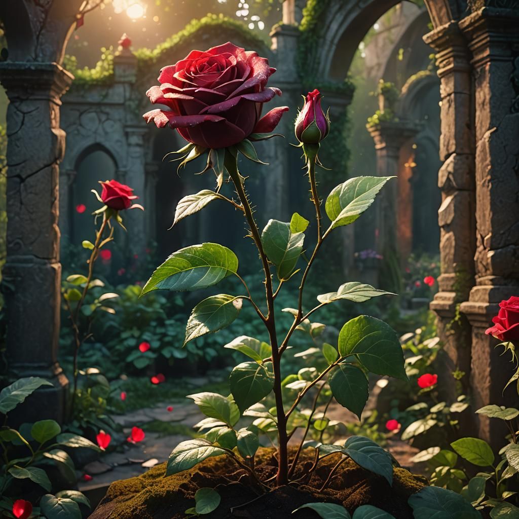 Ruby Red Crystal Rose in Mystical Garden