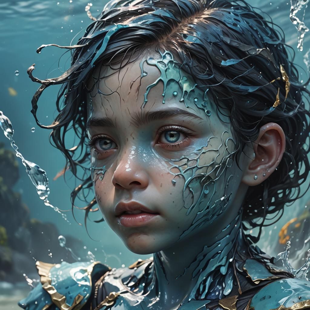 Dark Fantasy Sea Humanoid Child in Hyperrealistic Style