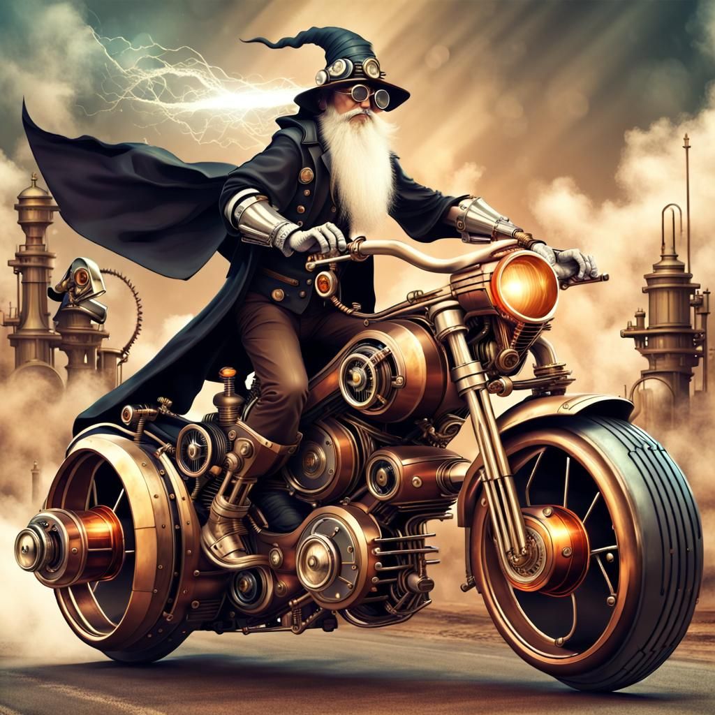 Wizard on Futuristic Steampunk Motorcycle