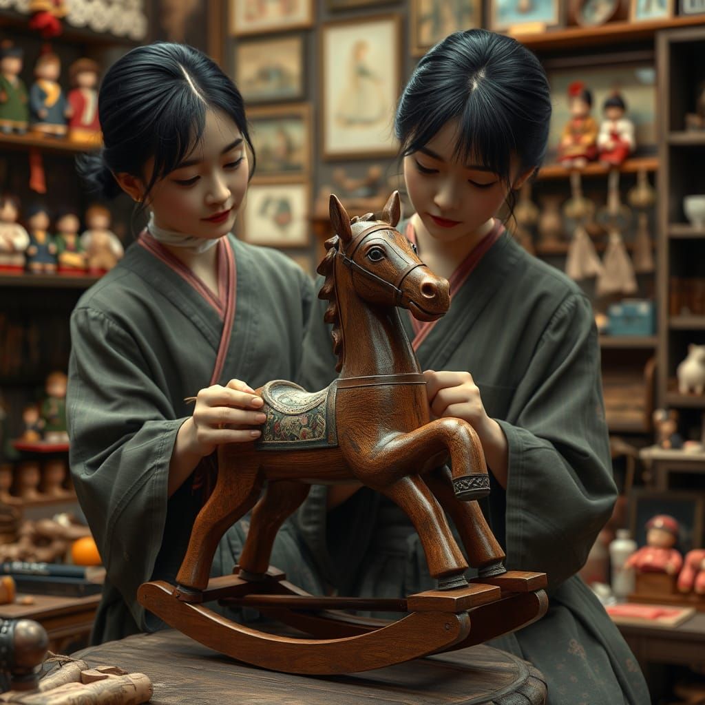 Japanese Woman Repairs Toy Horse as Renaissance Painting