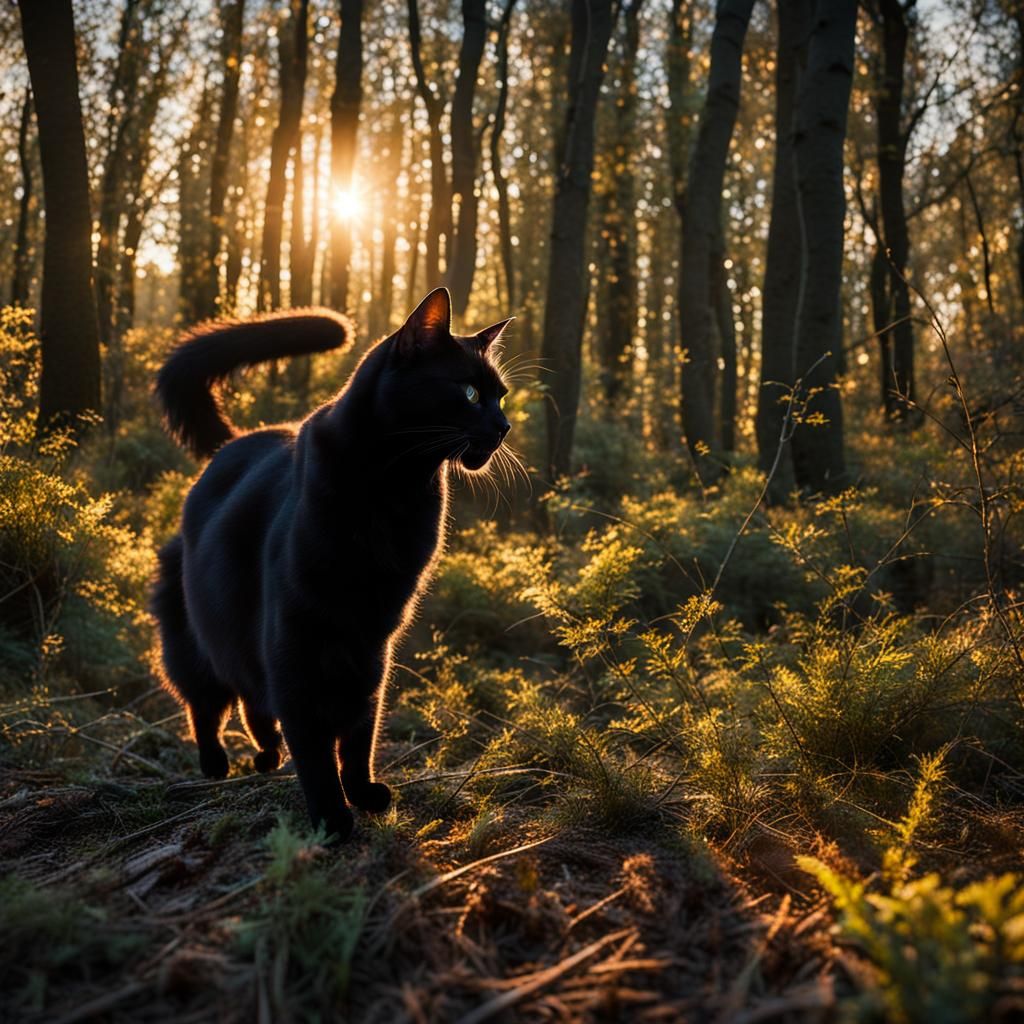 Black Cat in Golden Hour Woodland Light