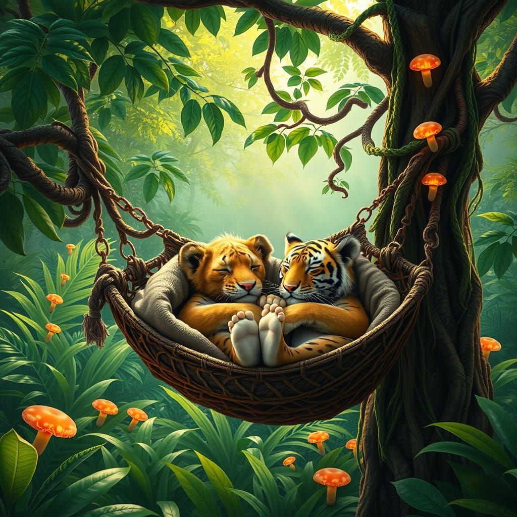 Adorable Baby Lion and Tiger in Jungle Slumber