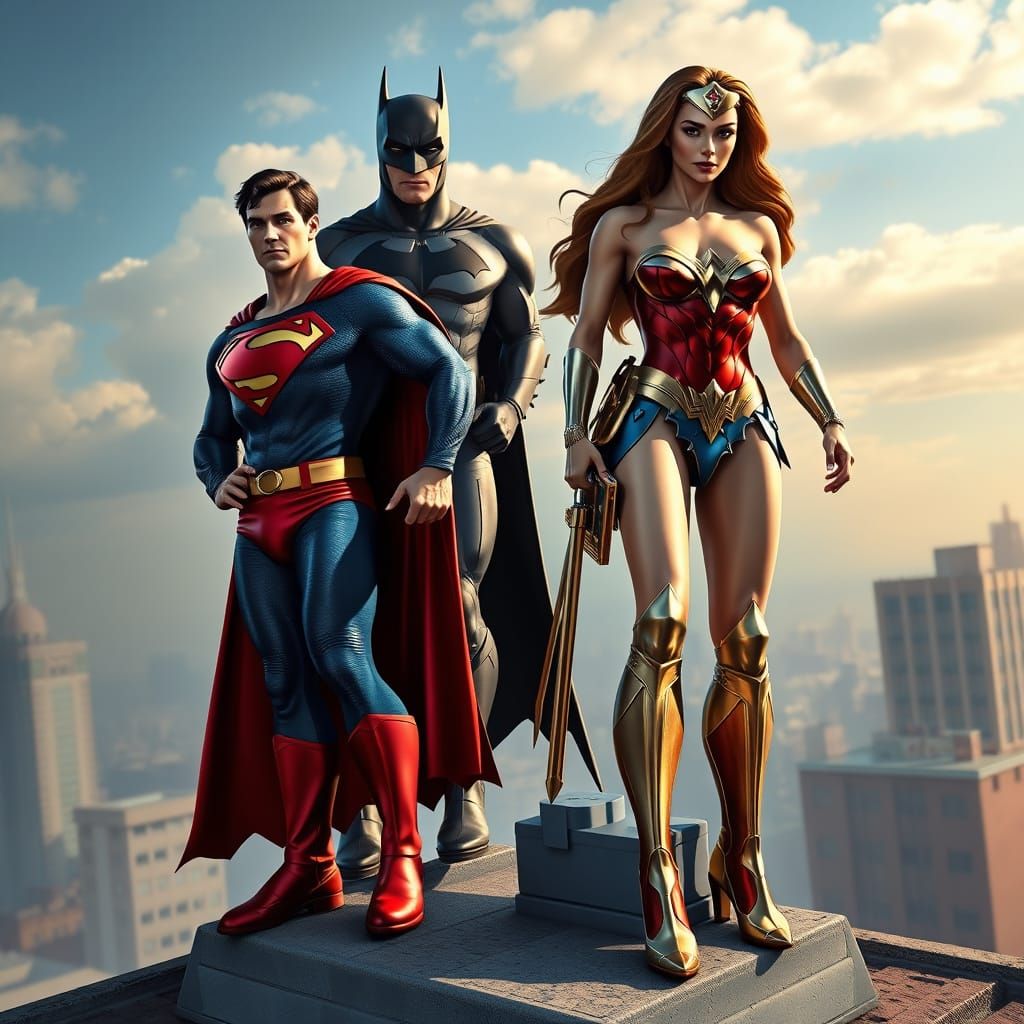 Superman, Batman, and Wonder Woman on a Rooftop
