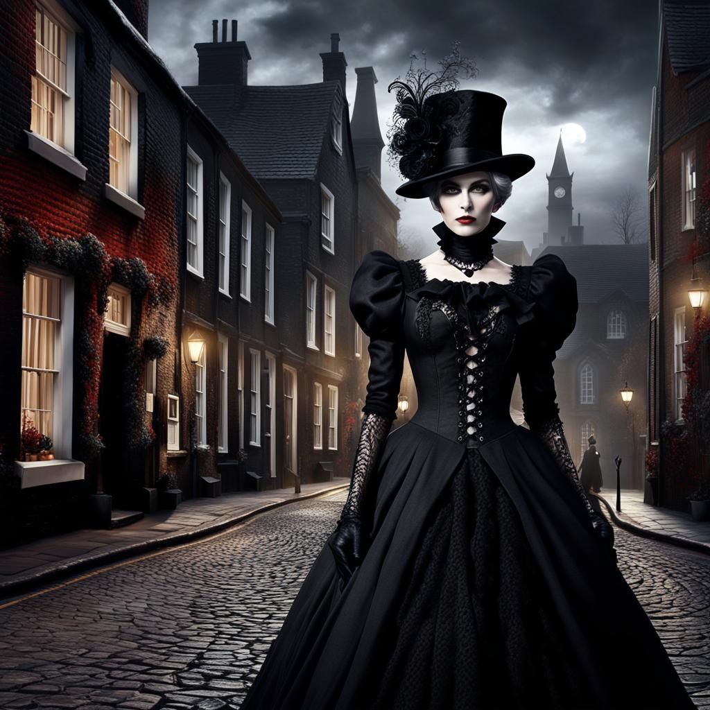 Elegant Gothic Woman in Cobbled Street at Night