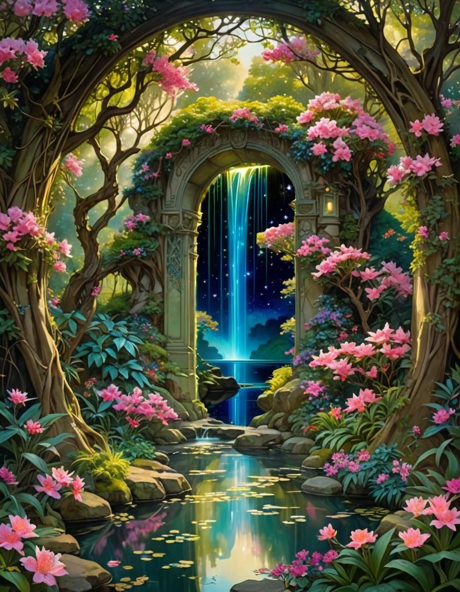 Enchanted Waterfall Reflecting Pond in Art Nouveau Style