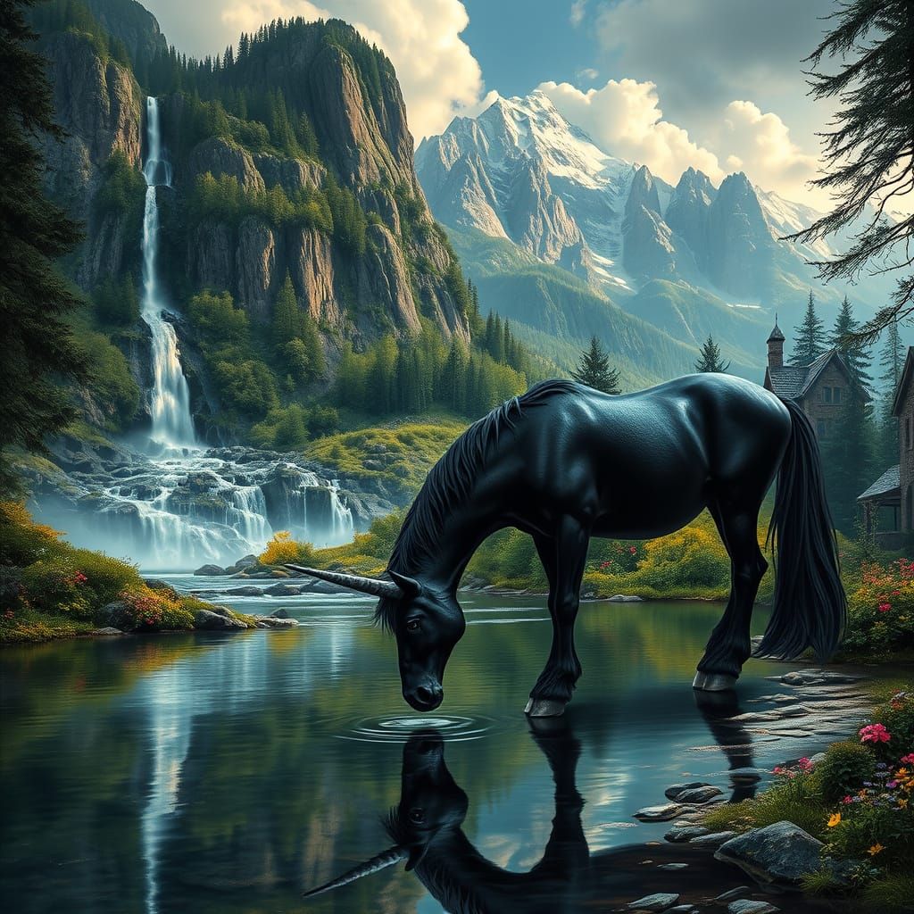 Majestic Mountainscape with Unicorn and Waterfall in Dark Ro...