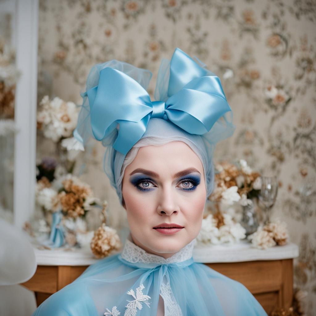 Woman in Blue Tulle Robe with Satin Shawl