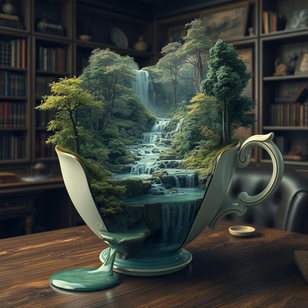 Surreal Landscape Flowing from Vintage Teacup