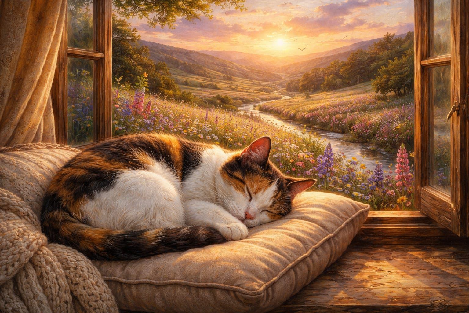 Calico Cat Sleeping on Cushion by Sunset Landscape