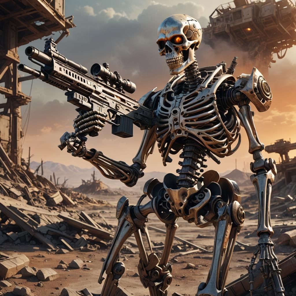 Sci-Fi Skeleton Sniper in Wasteland, Detailed 3D Render