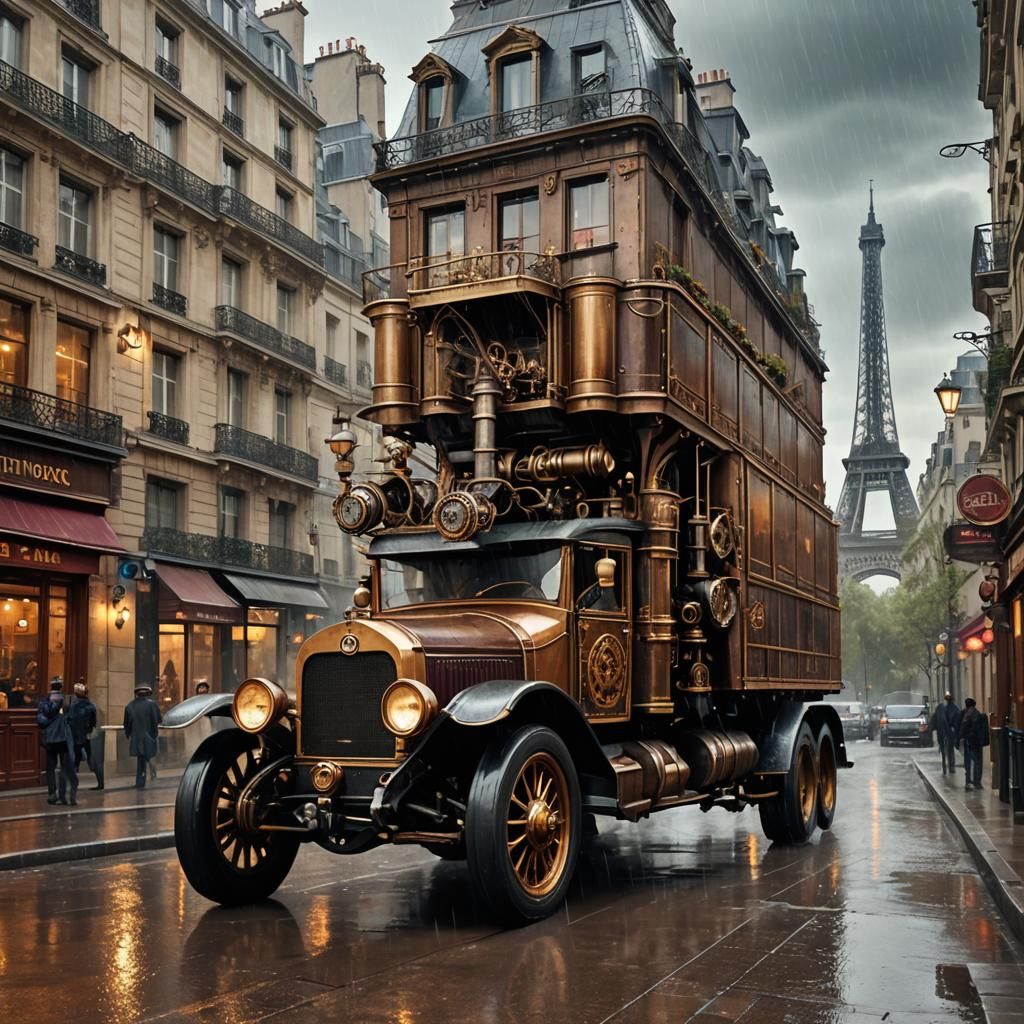 Steampunk Truck on Victorian Street with Eiffel Tower