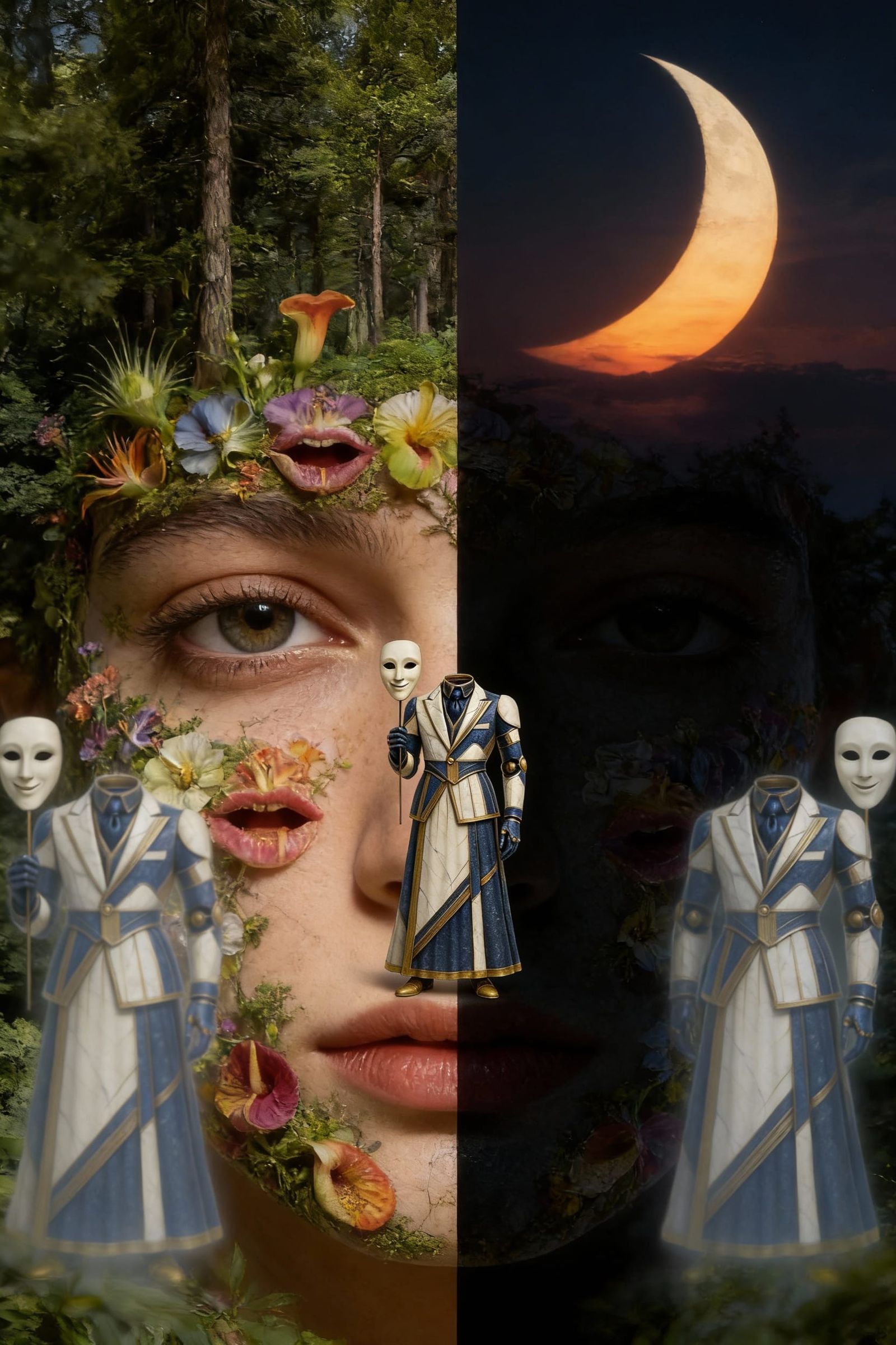 Surreal Facescape with Floating Face and Mouth Flowers