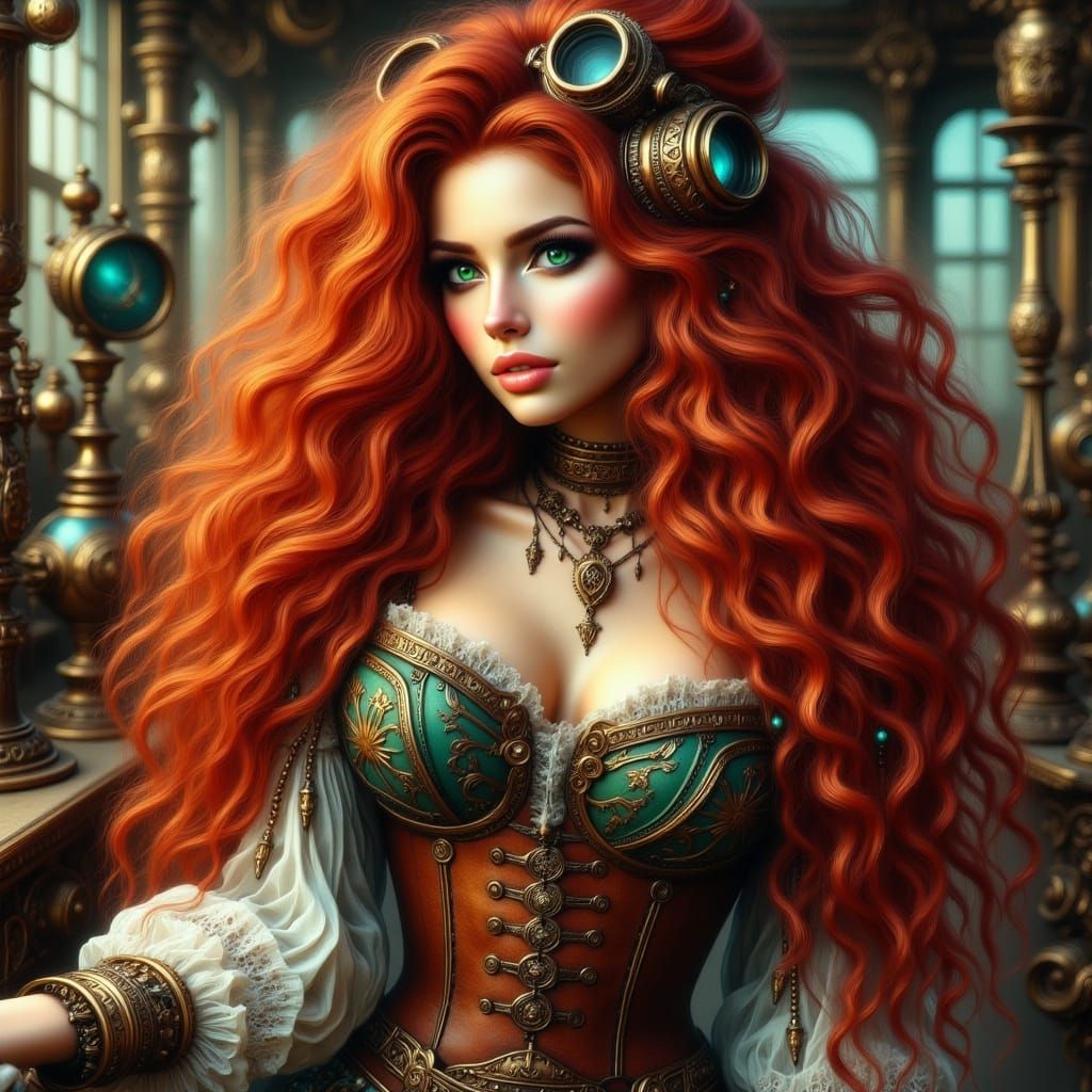 Steampunk Woman with Red Hair and Goggles